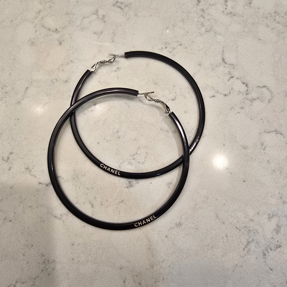 Chanel Black Hoop Earrings - Classic Logo Hoop